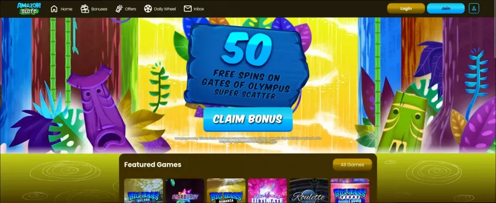 Amazon Slots Casino 50 Free Spins up to 250 CAD bonus